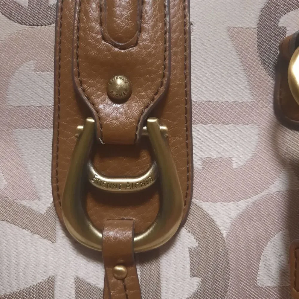 Etienne Aigner Signature Canvas Leather Satchel Shoulder Bag Brown Tan Monogram